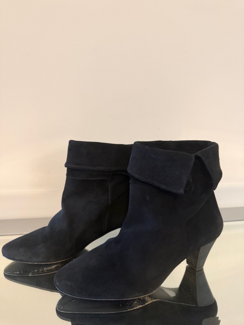 FREE PEOPLE Adella Foldover Suede Booties Black Pointed Toe Block Heel Size 8.5 - Picture 5 of 16